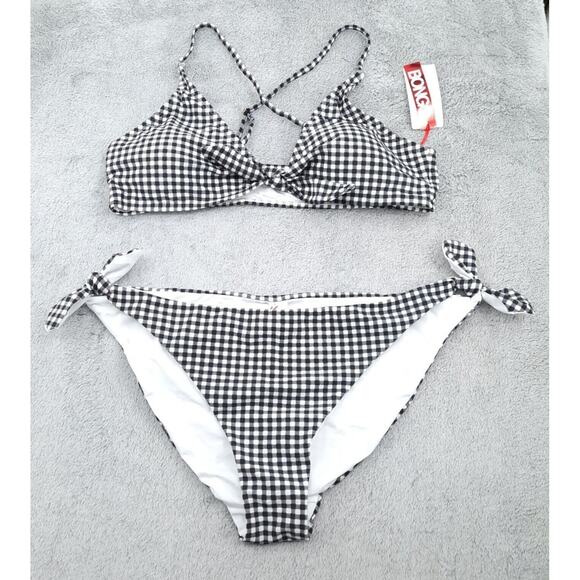 NEW BONGO Swimwear Bikini Womens XL Black White Gingham Tie Retro Cheeky Padded - Picture 1 of 13